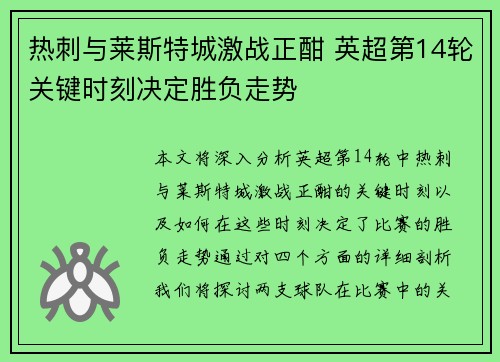 热刺与莱斯特城激战正酣 英超第14轮关键时刻决定胜负走势