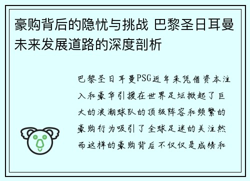 豪购背后的隐忧与挑战 巴黎圣日耳曼未来发展道路的深度剖析