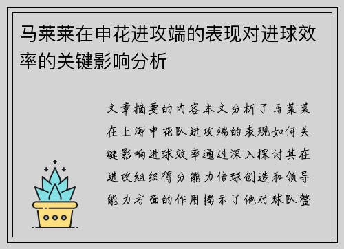 马莱莱在申花进攻端的表现对进球效率的关键影响分析